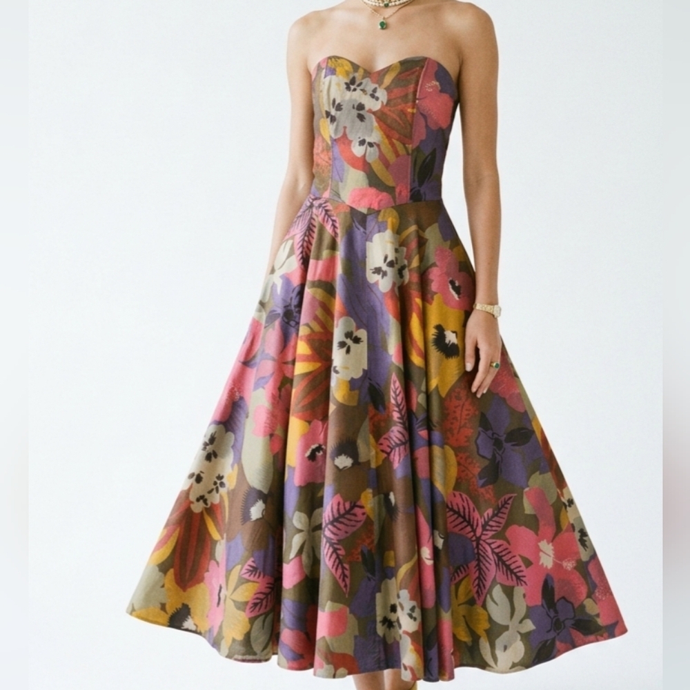 MONDI Floral Corset Dress Pockets 100% Cotton Sz S Vtg 80s Germany Rare Find